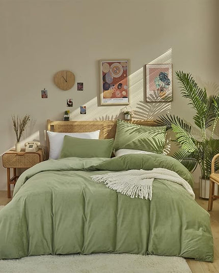Wellboo Sage Green Velvet Comforter Sets Queen Light Green Fluffy Bedding Solid Color Flannel Quilt Women Men Grass Green Comforters Micromink Sherpa Fuzzy Warm Bed Girls Boys Dorm Plush Bedding Soft - LeafyLoom