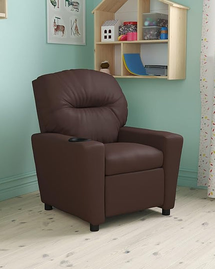 Flash Furniture Chandler LeatherSoft Kids Recliner with Cup Holder and Safety Recline, Contemporary Reclining Chair for Kids, Supports up to 90 lbs., Brown - LeafyLoom