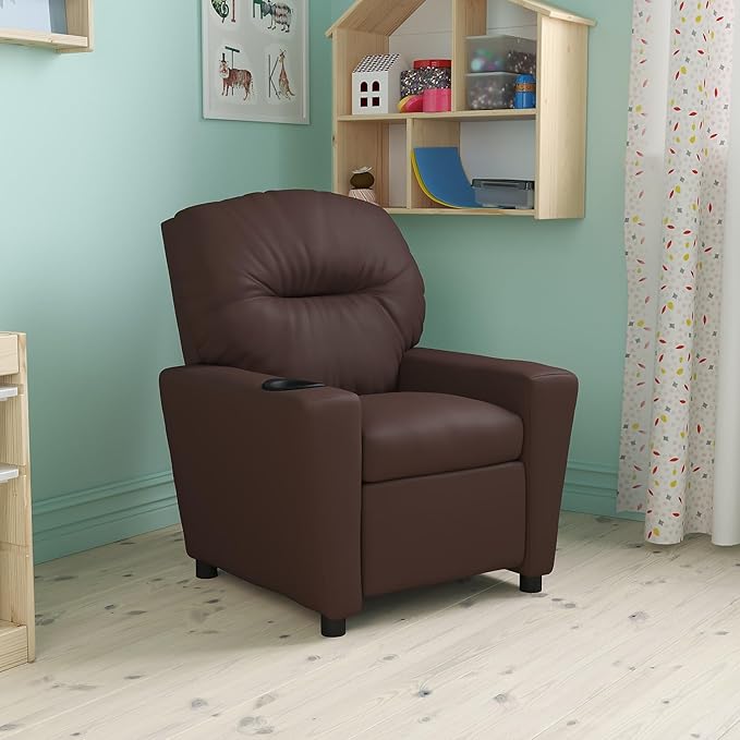 Flash Furniture Chandler LeatherSoft Kids Recliner with Cup Holder and Safety Recline, Contemporary Reclining Chair for Kids, Supports up to 90 lbs., Brown - LeafyLoom