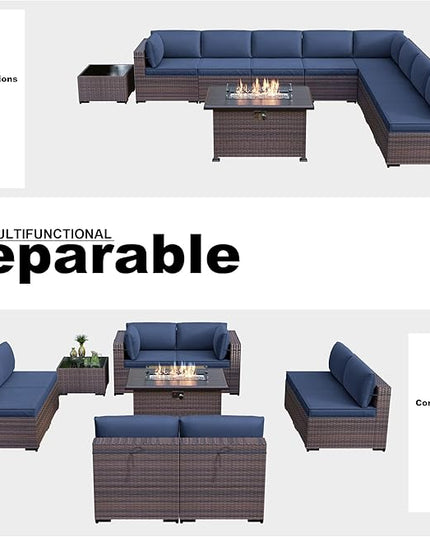 Kullavik 10 Pieces Outdoor Patio Furniture Set with 43" Gas Propane Fire Pit Table PE Wicker Rattan Sectional Sofa Patio Conversation Sets,Navy Blue - LeafyLoom