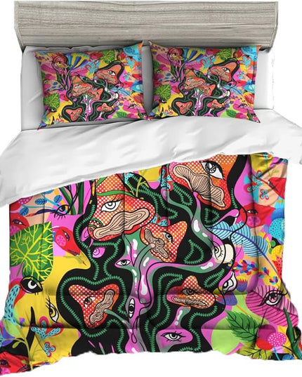 Sunnycitron Kids Comforter set Queen size Colorful Mushroom Comforter Sets Mandala Mushroom Bedding Hippie Bed Comforter Set - Fade Resistant (1 Comforter + 2 Pillowcases) - LeafyLoom