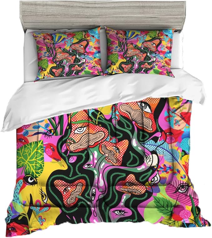 Sunnycitron 3D Colorful Mushroom Comforter set Colorful Mushroom Bedding Full size Mushroom Eyes Pattern Print Comforter Sets- All-Season (1 Comforter + 2 Pillowcases),Easy-Wash Fade Resistant - LeafyLoom