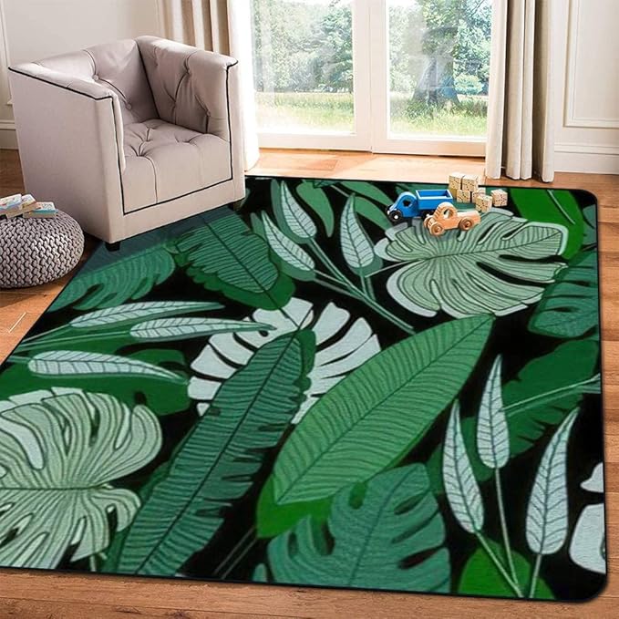 Soft Kids Play Area Rugs 3D Home Jungle Palm Leaf Seamless Ttropical Palm Leaves Design for Printing Plush Rugs Non Slip Shaggy Carpets for Kids' Bedroom Classroom Playroom Nursery Décor - LeafyLoom