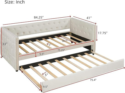 Twin Size Tufted Upholstered Daybed with Trundle, Solid Wood Velvet Bed with Rivet Design, No Box-spring Needed, for Living Room, Bedroom, Dorm, Space-Saving Design - LeafyLoom