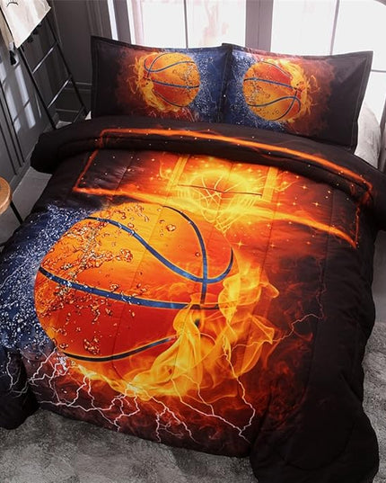 Btargot Twin Basketball and Fire Quilt Set Bedding Sets, 3D Sports Themed Bedding, All-Season Reversible Quilted Duvet, for Children Boy Girl Teen Kids - includes 1 Comforter, 2 Pillow Sham - LeafyLoom