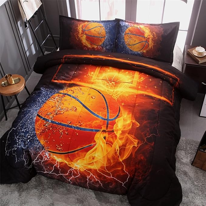 Btargot Twin Basketball and Fire Quilt Set Bedding Sets, 3D Sports Themed Bedding, All-Season Reversible Quilted Duvet, for Children Boy Girl Teen Kids - includes 1 Comforter, 2 Pillow Sham - LeafyLoom