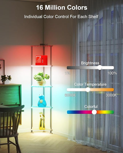 Floor Lamp with Shelves Corner Shelf with Lights Standing Lamp with Charging Stake APP Control Music Sync Multicolor Corner Lamp for Living Room White 5 Tier - LeafyLoom