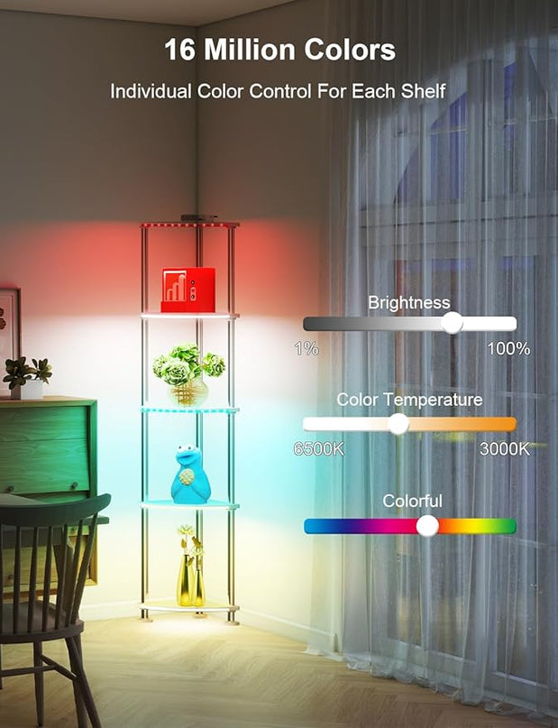 Floor Lamp with Shelves Corner Shelf with Lights Standing Lamp with Charging Stake APP Control Music Sync Multicolor Corner Lamp for Living Room White 5 Tier - LeafyLoom