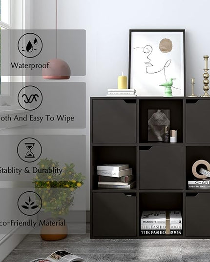 9-Cube Storage Shelf Bookcase - Wooden 3-Tier Floor Standing Open Bookshelf with Doors for Home and Office, Display Cabinet, Black - LeafyLoom