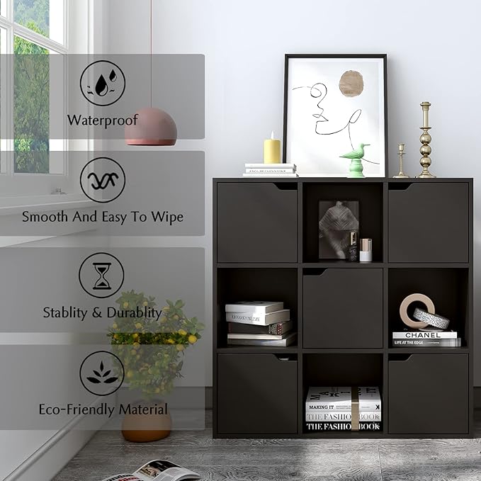 9-Cube Storage Shelf Bookcase - Wooden 3-Tier Floor Standing Open Bookshelf with Doors for Home and Office, Display Cabinet, Black - LeafyLoom