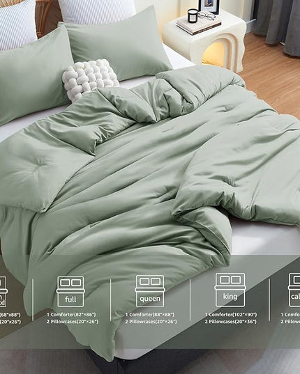 CozyLux Sage Green Comforter Set King Size, 3 Pieces Solid Breathable Quilted Style Bedding Sets, Luxury Fluffy Soft Microfiber Comforter for All Season(1 Comforter & 2 Pillowcases) - LeafyLoom
