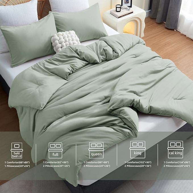 CozyLux Sage Green Comforter Set King Size, 3 Pieces Solid Breathable Quilted Style Bedding Sets, Luxury Fluffy Soft Microfiber Comforter for All Season(1 Comforter & 2 Pillowcases) - LeafyLoom