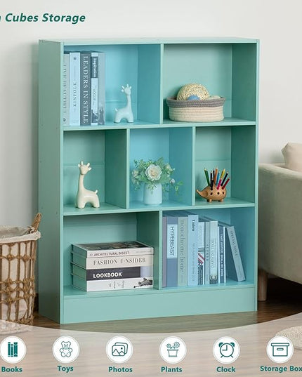 LEYAOYAO 7 Cube Bookshelf with Base,3 Tier Modern Mint-Green Kids Bookcase,Standing Wide Bookshelves Storage Organizer Toy Shelf,Wood Display Children's Book Shelves for Bedroom,Living Room,Nursery - LeafyLoom