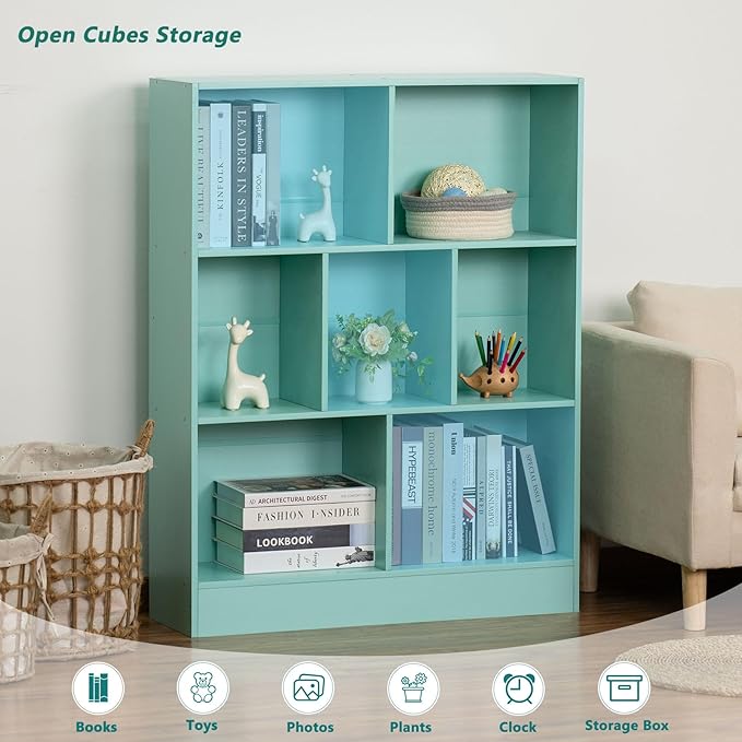 LEYAOYAO 7 Cube Bookshelf with Base,3 Tier Modern Mint-Green Kids Bookcase,Standing Wide Bookshelves Storage Organizer Toy Shelf,Wood Display Children's Book Shelves for Bedroom,Living Room,Nursery - LeafyLoom