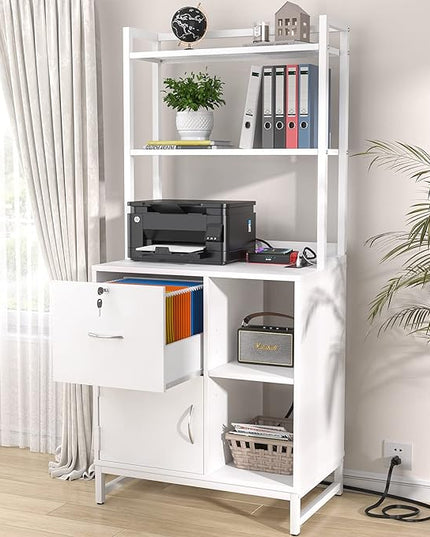 Homieasy Vertical Filing Cabinet with Lock & Charging Station, Large Drawer Wood File Cabinet with Bookshelf, Printer Stand with Open Storage Shelf, fits Letter Size for Home Office, White - LeafyLoom