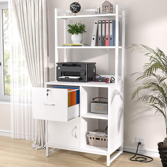 Homieasy Vertical Filing Cabinet with Lock & Charging Station, Large Drawer Wood File Cabinet with Bookshelf, Printer Stand with Open Storage Shelf, fits Letter Size for Home Office, White - LeafyLoom