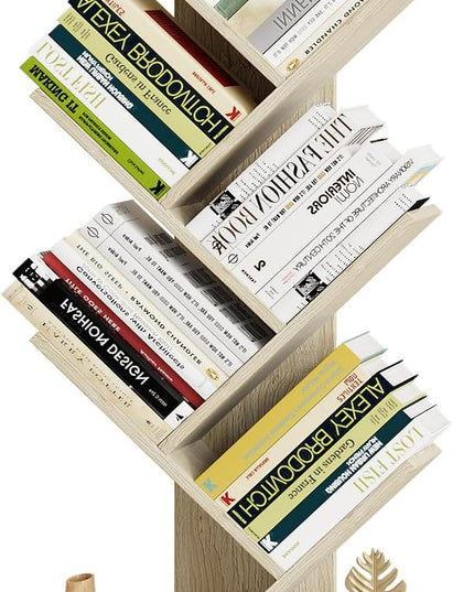Vagusicc 6 Tier Tree Bookshelf - Retro Shelf Floor Standing Bookcase with Baskets, Tall Wood Book Storage Rack for Books/CDs, Tree Utility Book Organizer Shelves for Living Room, Home Office, Bedroom - LeafyLoom