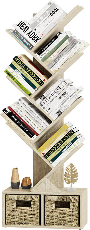 Vagusicc 6 Tier Tree Bookshelf - Retro Shelf Floor Standing Bookcase with Baskets, Tall Wood Book Storage Rack for Books/CDs, Tree Utility Book Organizer Shelves for Living Room, Home Office, Bedroom - LeafyLoom