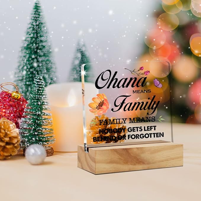 Family Quote Ohana Means Family Desk Decor Acrylic Desk Sign Acrylic Plaque Home Office Living Room Desk Shelf Decoration Gift 4.7"x4.7" - LeafyLoom