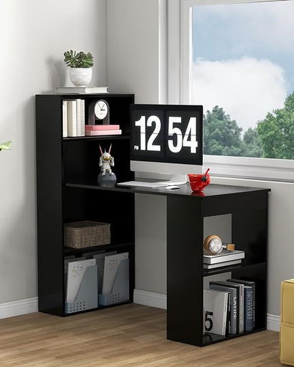 Computer Desk with Shelves, Black - LeafyLoom