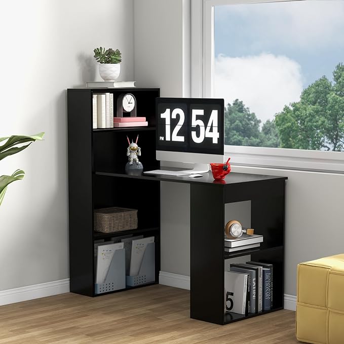 Computer Desk with Shelves, Black - LeafyLoom