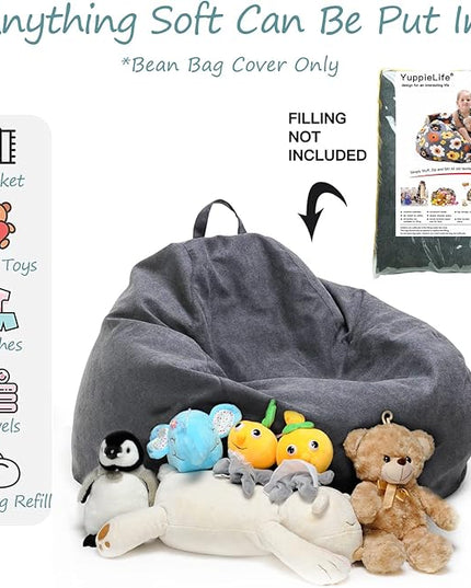 YuppieLife Stuffed Animals Bean Bag Chair Cover Candy-Colored Bean Bag（Just Cover, No Filling）/Extra Large Stuff 'n Sit Organization/Toy Storage Bag/Kids Toys Organizer（38'',Dark Grey） - LeafyLoom