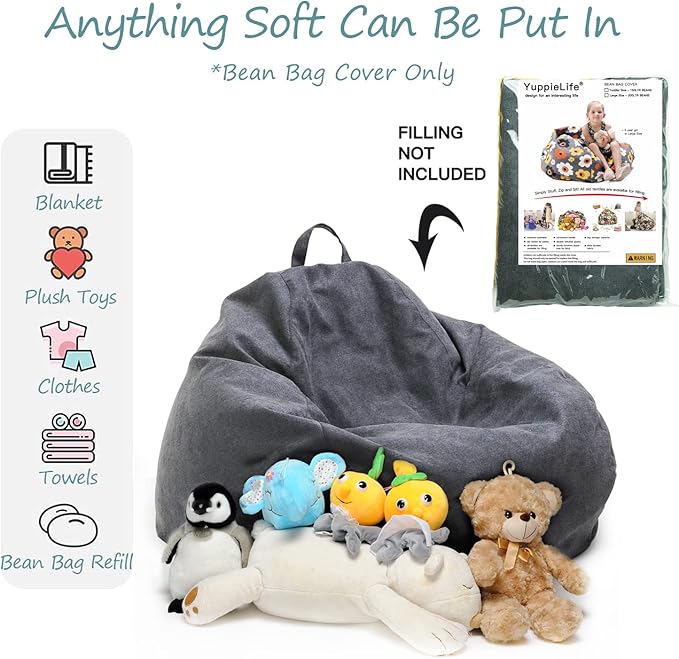 YuppieLife Stuffed Animals Bean Bag Chair Cover Candy-Colored Bean Bag（Just Cover, No Filling）/Extra Large Stuff 'n Sit Organization/Toy Storage Bag/Kids Toys Organizer（38'',Dark Grey） - LeafyLoom