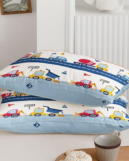Cartoon Car Kids Comforter Set Twin,Construction Bedding Set Equipment Trucks Comforter Excavator Tractor Quilt Set with 1 Comforter 2 Pillowcases for Boys Girls Teens Adults Bedroom Decor(Blue Red) - LeafyLoom