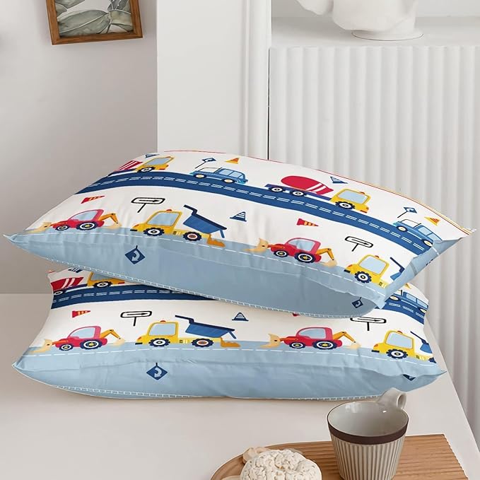Axolotl Cartoon Cars Comforter Set Queen,Vehicle Bedding Set,Kids Excavator Comforter Set,Construction Bedding Equipment Trucks Comforter Sets for Kids Boys Girls Teens,1 Quilt 2 Pillowcases,Blue Red - LeafyLoom