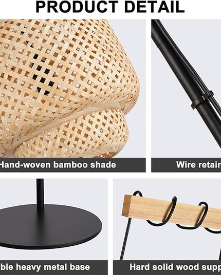 Unique Farmhouse Floor Lamp for Living room, Bedroom and Office, Original Handmade Bamboo Rattan Shade Tall Standing Light Black , Modern Vintage Rustic Rural Décor(No Bulbs) - LeafyLoom
