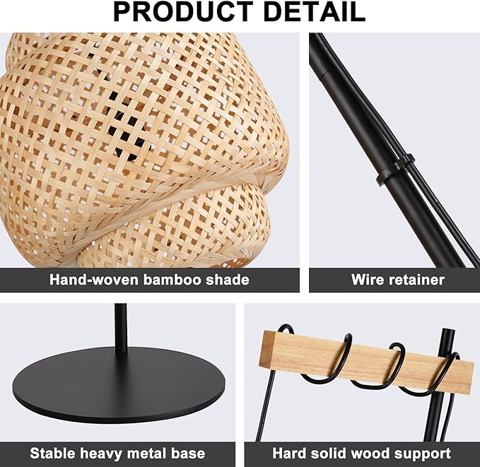 Unique Farmhouse Floor Lamp for Living room, Bedroom and Office, Original Handmade Bamboo Rattan Shade Tall Standing Light Black , Modern Vintage Rustic Rural Décor(No Bulbs) - LeafyLoom