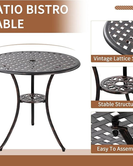 Bronze Patio Bistro Set - 3 Piece Outdoor Cast Aluminum Furniture, Large Table & Chairs, Weather Resistant, Adjustable Foot Pads, Umbrella Hole - LeafyLoom