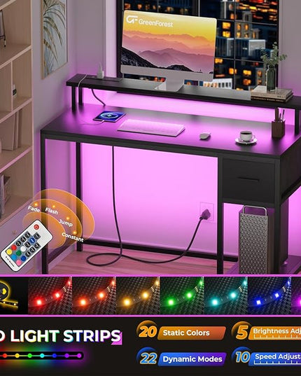 GreenForest Computer Desk with Drawers 47 inch,Gaming Desk with LED Lights & Power Outlets Small Desk with Monitor Stand and Reversible Shelf,Black - LeafyLoom