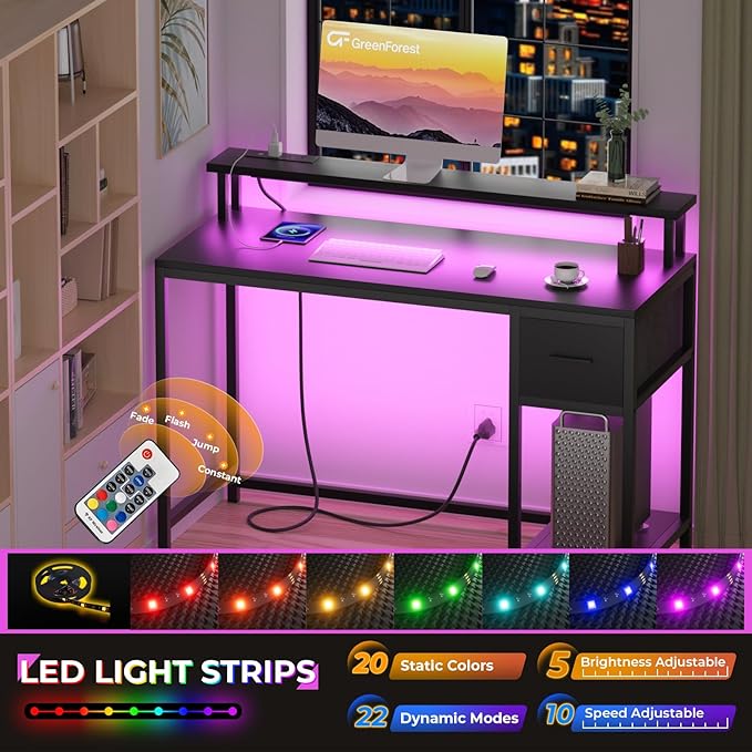 GreenForest Computer Desk with Drawers 47 inch,Gaming Desk with LED Lights & Power Outlets Small Desk with Monitor Stand and Reversible Shelf,Black - LeafyLoom