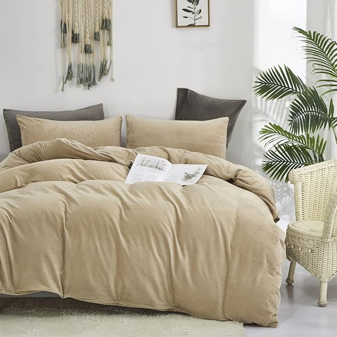 Wellboo Beige Velvet Comforter Sets Full Solid Cream Coffee Fluffy Bedding Comforters Luxury Champagne Flannel Quilts Women Men Light Taupe Fuzzy Blankets Modern Minimalist Khaki Tan Sherpa Plush Bed - LeafyLoom