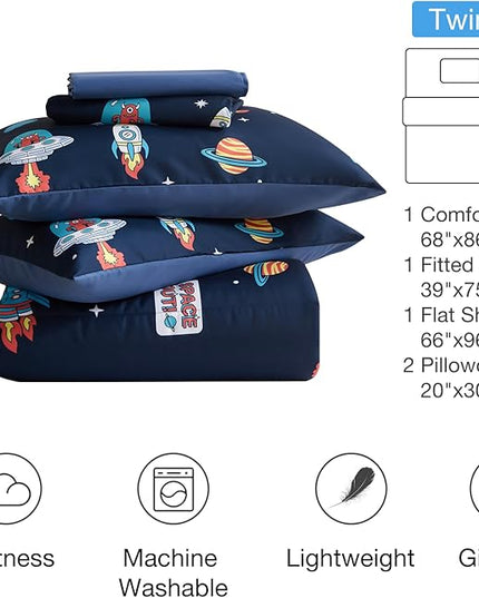beeweed 5 Piece Kid Comforter Set Twin Size, Space Rocket & Astronaut Bedding Set for Teen Boys Girls - LeafyLoom