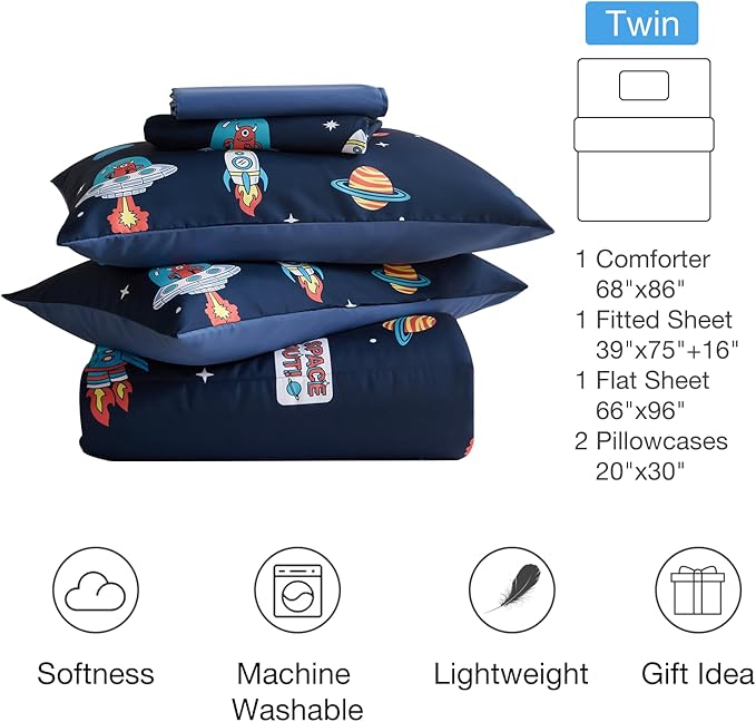 beeweed 5 Piece Kid Comforter Set Twin Size, Space Rocket & Astronaut Bedding Set for Teen Boys Girls - LeafyLoom