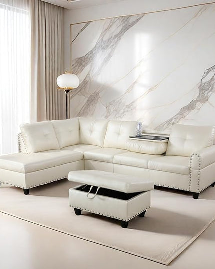 Leather L Shaped Sectional Ottoman Modern Nail-Head Design Comfy Lounge Modular Sofa with Cup Holder & Chaise for Living Room, Bedroom, Office, L Couch White - LeafyLoom