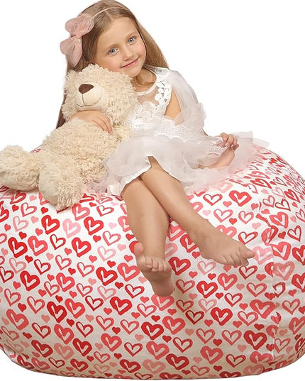 Wekapo Stuffed Animal Storage Bean Bag Chair Cover for Kids | Stuffable Zipper Beanbag for Organizing Children Plush Toys Large Premium Cotton Canvas (Heart, XX-Large) - LeafyLoom