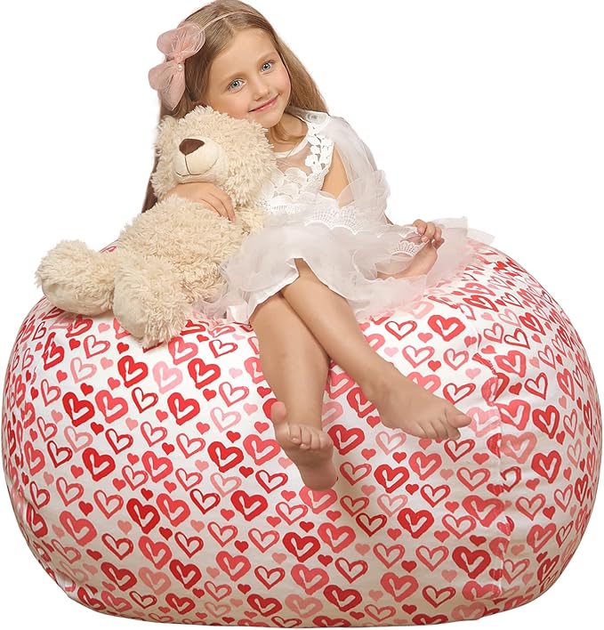 Wekapo Stuffed Animal Storage Bean Bag Chair Cover for Kids | Stuffable Zipper Beanbag for Organizing Children Plush Toys Large Premium Cotton Canvas (Heart, XX-Large) - LeafyLoom