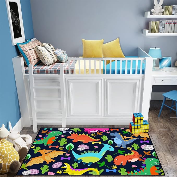 Dinosaur Rug for Boys Room Cartoon Dinosaur Area Rugs Kids Rug Dinosaur Rug Kids Play Rug Dinosaur Play Rug for Bedroom and Kidroom Playing Room,Dark Blue 4'5''×6' - LeafyLoom