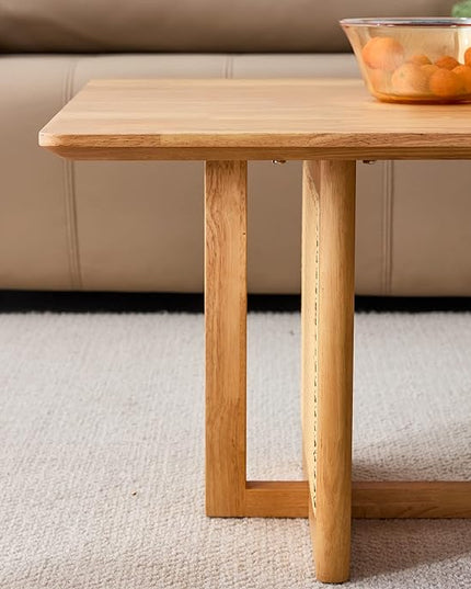 Rattan Coffee Table Rectangular Solid Wood Coffee Table with Cross Table Legs for Living Room Furniture - LeafyLoom