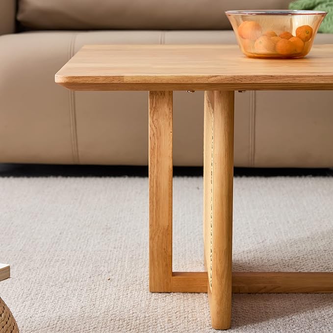 Rattan Coffee Table Rectangular Solid Wood Coffee Table with Cross Table Legs for Living Room Furniture - LeafyLoom