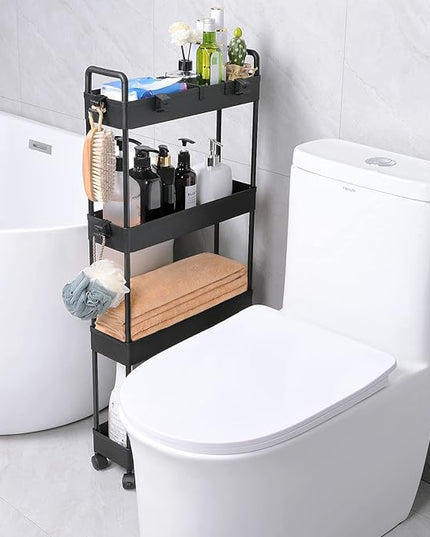 Arogan Slim Rolling Storage Cart with Wheels, 4 Tier Bathroom Storage Cart Laundry Room Organizer, Rolling Utility Cart for Kitchen, Bathroom, Laundry Room, Office, Narrow Place(Black) - LeafyLoom