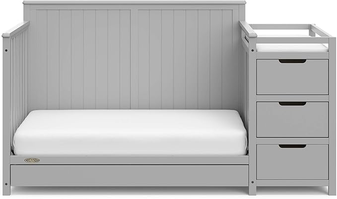 Graco Hadley 5-in-1 Convertible Crib and Changer with Drawer (Pebble Gray) – Crib and Changing-Table Combo with Drawer, Includes Changing Pad, Converts to Toddler Bed, Daybed and Full-Size Bed - LeafyLoom