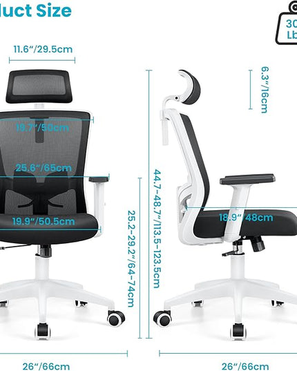 Office Chair Ergonomic Desk Chair High Back Computer Chair Swivel Mesh Task Chair with Adjustable Lumbar Support Armrests Headrest White - LeafyLoom