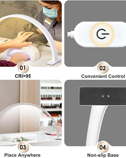 Half Moon Light for Nail Desk 30in 50w Nail Tech Light Nail Table Lamp with Wire Controller 3 Color 10 Brightness Touch Control Extension LED Light for Nails Tech, Stemless Dimming - LeafyLoom