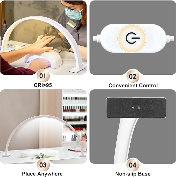 Half Moon Light for Nail Desk 30in 50w Nail Tech Light Nail Table Lamp with Wire Controller 3 Color 10 Brightness Touch Control Extension LED Light for Nails Tech, Stemless Dimming - LeafyLoom