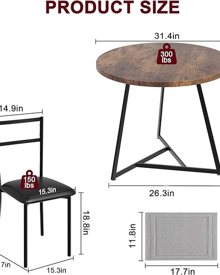 Dining Table Set for 2, Kitchen Table and Upholstered Chairs for 2, Round Dining Room Table Set with 2 Placemats, 3 Piece Dining Table Set for Small Space, Apartment, Studio, Rustic Brown - LeafyLoom