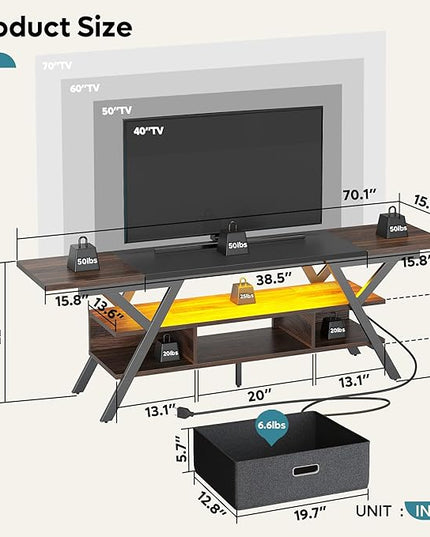Bestier 70 Inch Gaming Tv Stands for Living Room with Power Outlet for TVs up to 75", Black Entertainment Center with Led Lights for Living Room Bedroom. Walnut - LeafyLoom